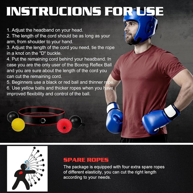 KTEBO ® Boxing Reflex Ball Headband Set - Includes 4 Different Balls and 2 Adjustable Headbands for Beginner Proficiency Improvement, Great Boxing Equipment - Image 5